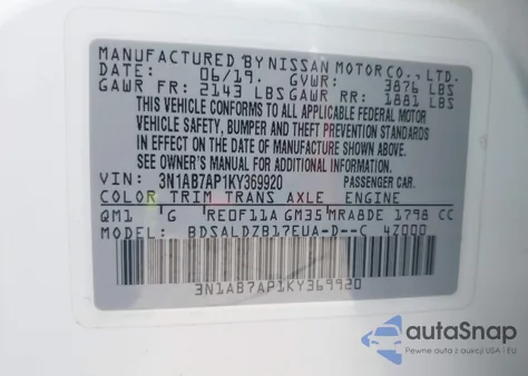 2019 Nissan Sentra Sv z USA, uszkodzony, nr VIN 3N1AB7AP1KY369920